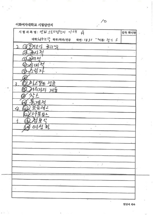 김병욱 의원, 정유라 대리답안지 공개      (서울=연합뉴스) 국회 교육문화체육관광위원회 소속 더불어민주당 김병욱 의원이 교육부로부터 제출받은 이화여대 정유라의 류철균 교수의 '영화스토리텔링의 이해A' 과목의 오프라인 답안지. 확인 결과 단답형 문제 14개 중 10개를 맞혀 관련 과목을 통과한 것으로 나타났다.  2017.1.2 [김병욱 의원실 제공=연합뉴스]      photo@yna.co.kr  (끝)